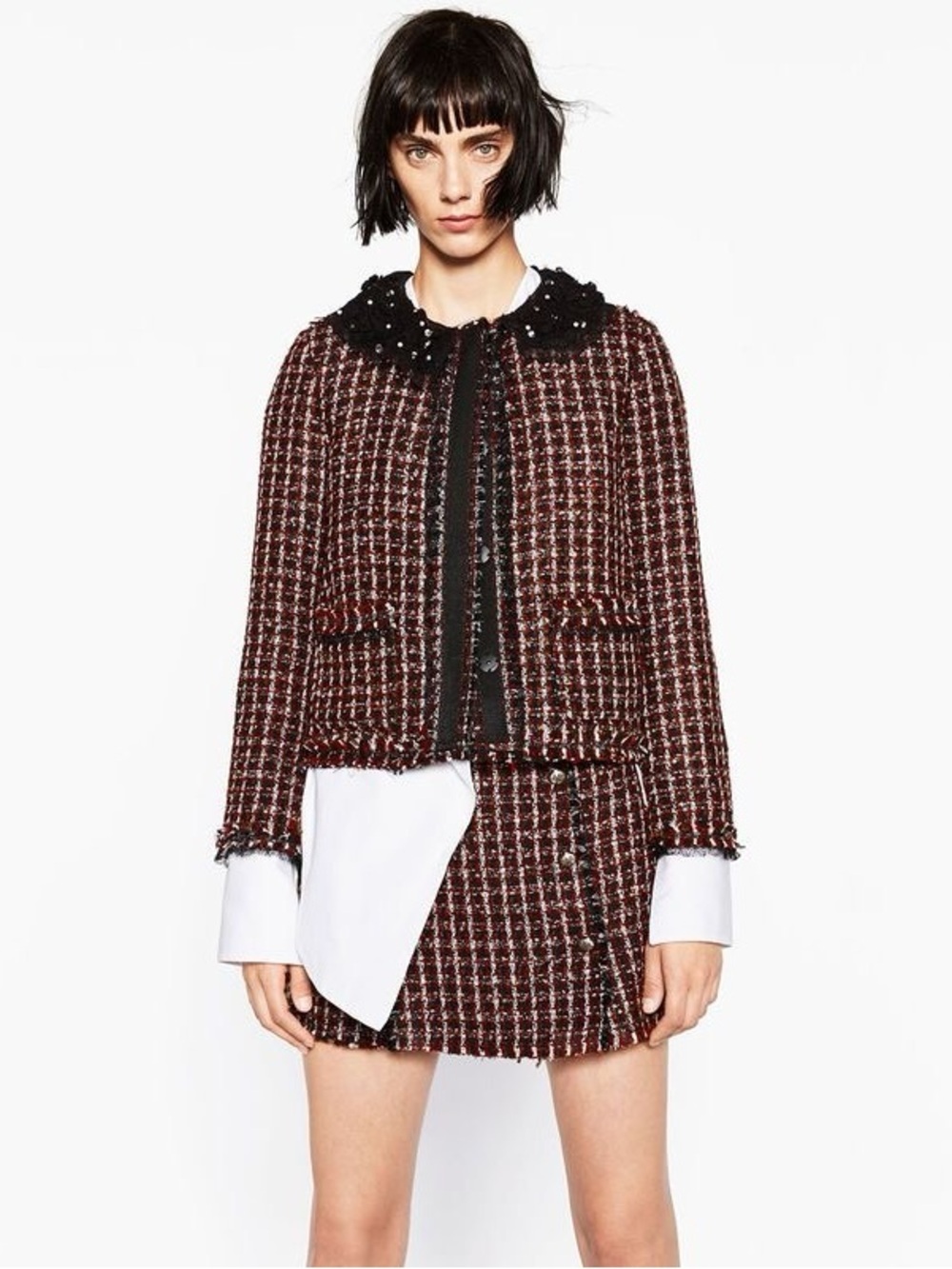 Zara Tweed Jacket Plaid Black and Red XL